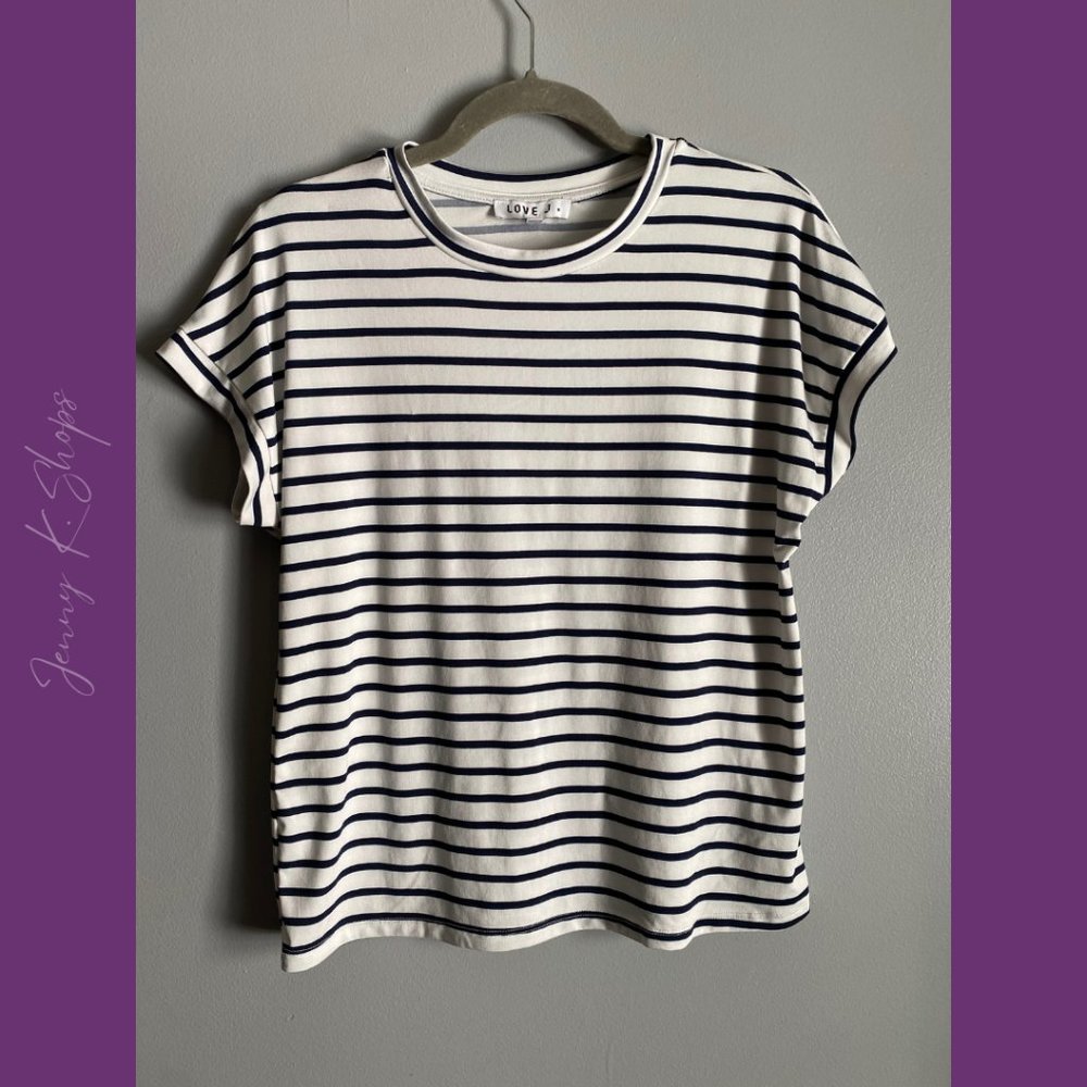 Love J | Soft Navy Blue and White Striped Short Sleeve Shirt | Size: Medium